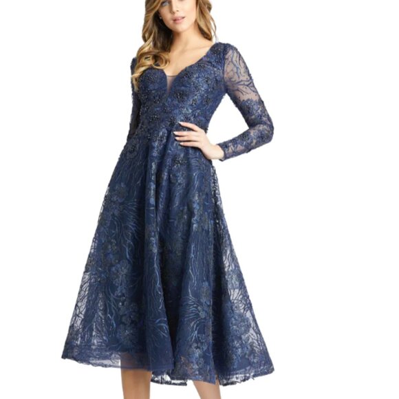 MAC DUGGAL 20286 EMBELLISHED PLUNGE NECK ILLUSIONS LONG SLEEVE MIDNIGHT DRESS 12 - Picture 3 of 5